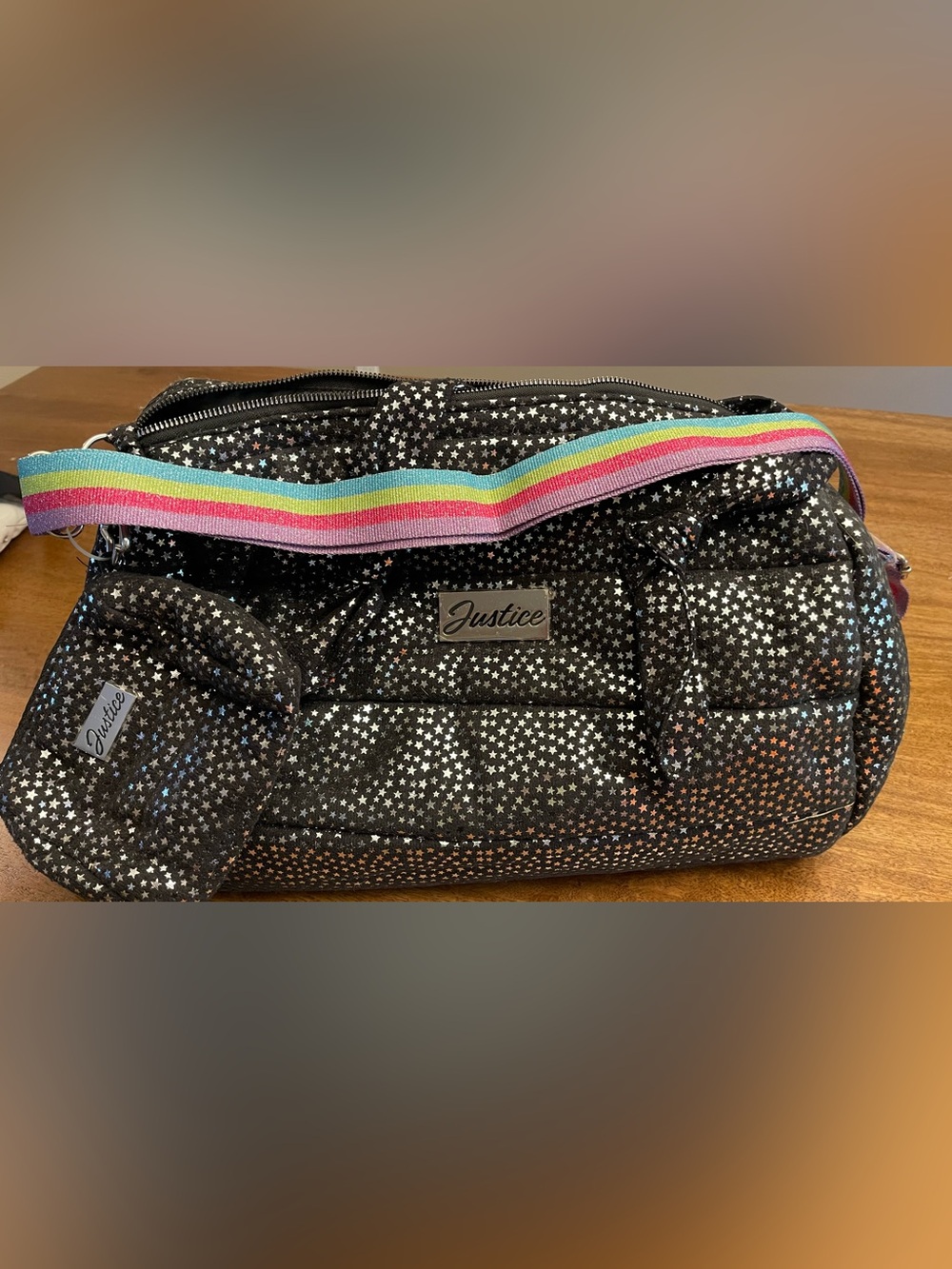 Justice Black and silver Star-Print duffle Bag with Rainbow Strap new